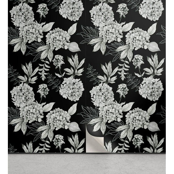 Ambesonne, Garden Scene Peel & Stick Wallpaper for Home, Botany Hydrangea Print, 13"x100", Charcoal Grey White