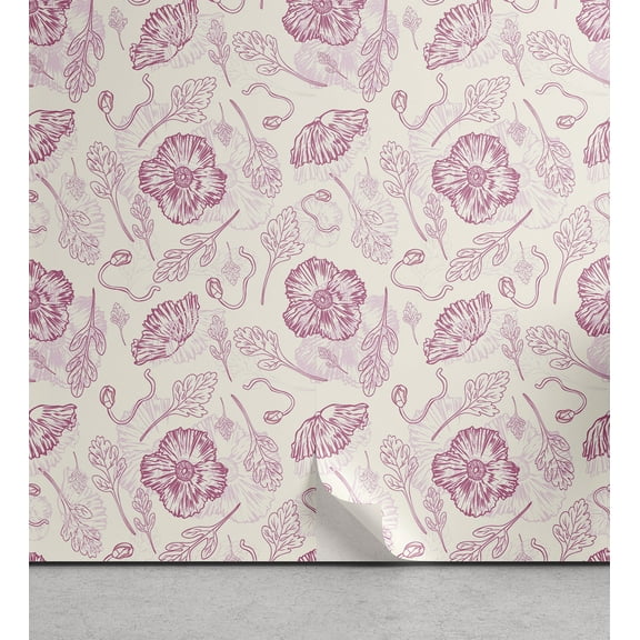 Ambesonne Garden Scene Peel & Stick Wallpaper for Home, Neutral Boho Poppy Art, 13"x72", Off White Pale Fuchsia