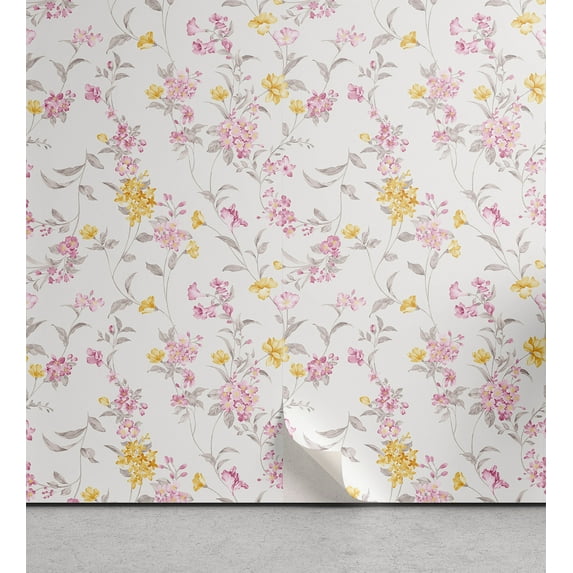 Ambesonne, Garden Scene Peel & Stick Wallpaper for Home, Nostalgic Meadow Vibes, 13"x36", Mustard Pale Pink and White