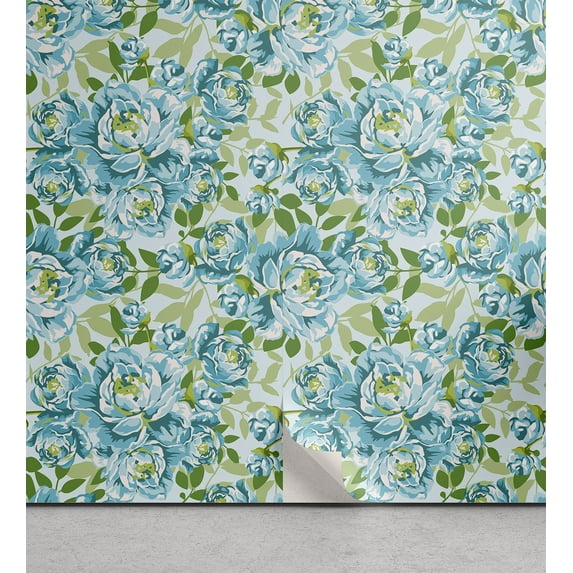 Ambesonne, Garden Scene Peel & Stick Wallpaper for Home, Peonies and Greenery, 13"x36", Pale Azure Blue Green