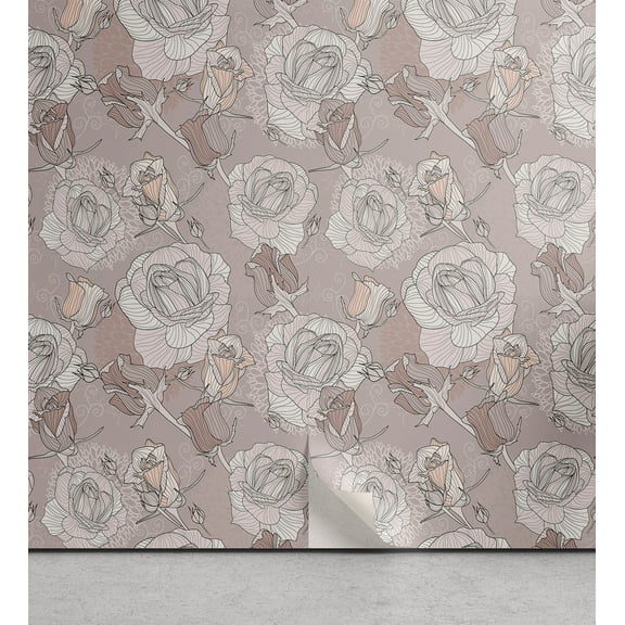 Ambesonne, Garden Scene Peel & Stick Wallpaper for Home, Simple Rose Pattern, 13"x36", Pale Purpleblue and Eggshell