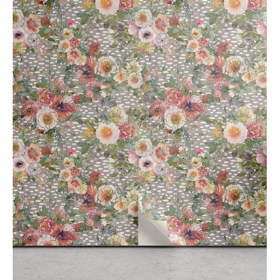 Ambesonne, Garden Scene Peel & Stick Wallpaper for Home, Spring Botany Flowers, 13"x36", Pale Purpleblue Off White