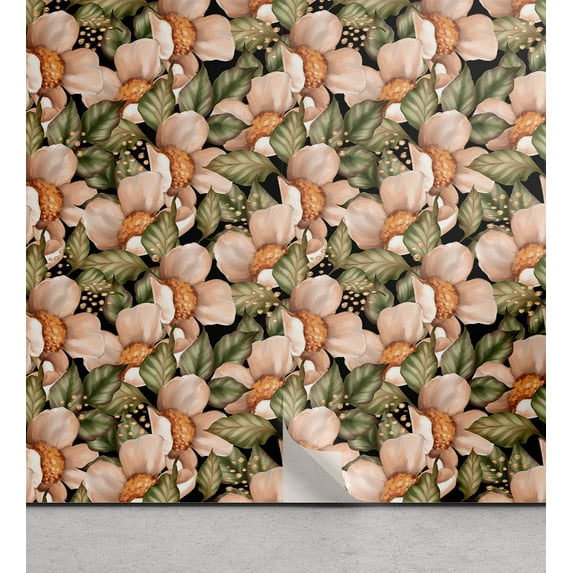 Ambesonne Garden Scene Peel & Stick Wallpaper for Home, Spring Floral Design, 13"x100", Pale Olive Green Blush