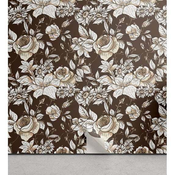 Ambesonne, Garden Scene Peel & Stick Wallpaper for Home, Traditional Floral Art, 13"x72", Cream White Dark Sepia