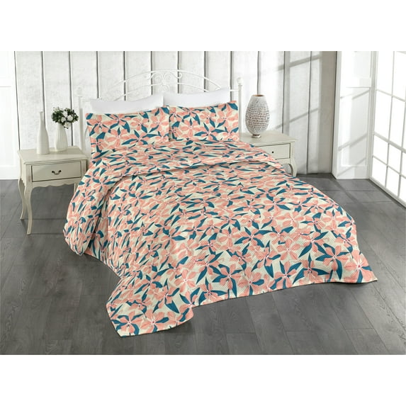 Ambesonne Garden Scene Quilted Bedspread Set 3 Pcs, Boho Simple Flowers, Twin, Coral Sea Blue Peach