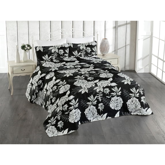 Ambesonne Garden Scene Quilted Bedspread Set 3 Pcs, Botany Hydrangea Print, King, Charcoal Grey White
