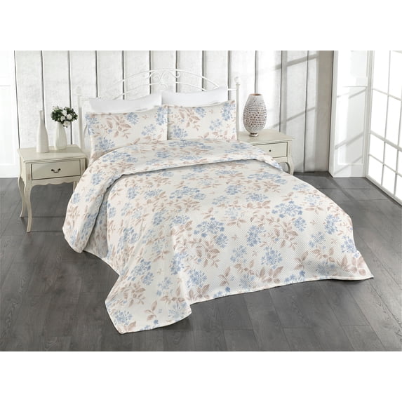 Ambesonne Garden Scene Quilted Bedspread Set 3 Pcs, Flowers Boho Pattern, King, Lavender Blue Warm Taupe