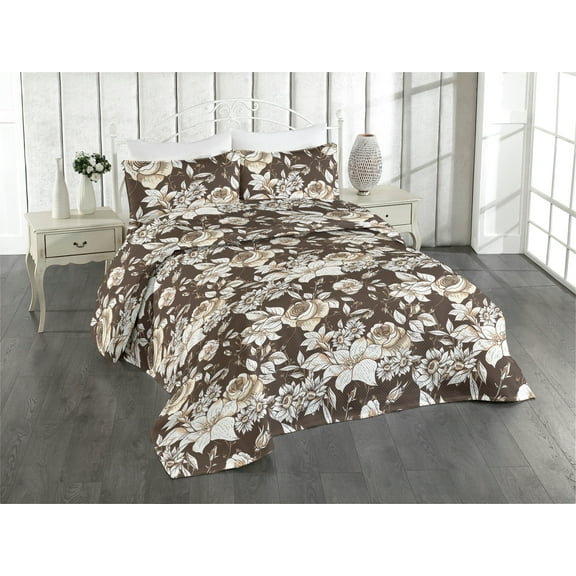 Ambesonne Garden Scene Quilted Bedspread Set 3 Pcs, Traditional Floral Art, Queen, Cream White Dark Sepia