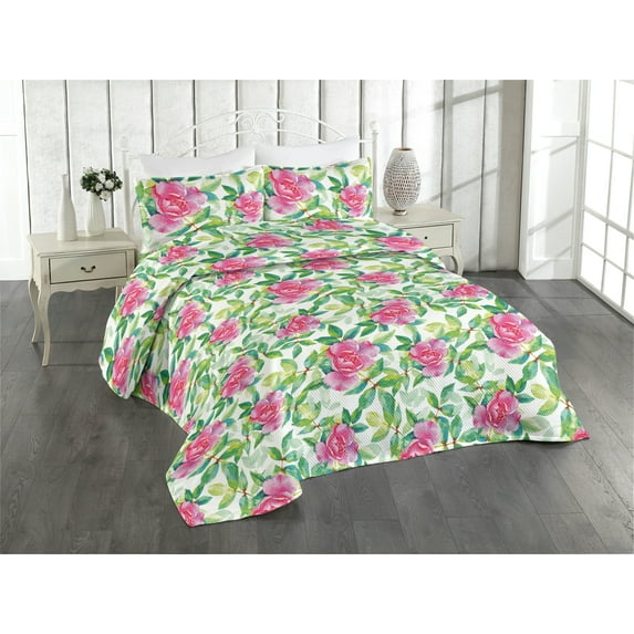 Ambesonne Garden Scene Quilted Bedspread Set 3 Pcs, Watercolor Boho Floral, Twin, Hot Pink Fern Green White