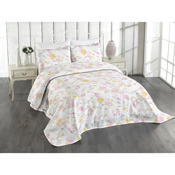 Ambesonne Garden Scene Quilted Coverlet 3 Pcs, Nostalgic Meadow Vibes, King Size, Mustard Pale Pink and White