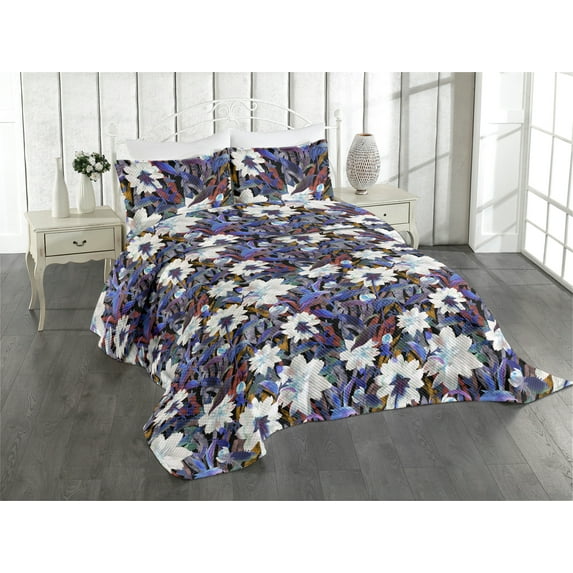 Ambesonne Garden Scene Quilted Coverlet 3 Pcs, Watercolor Buds Stems, Queen Size, Indigo Dark Indigo Ivory