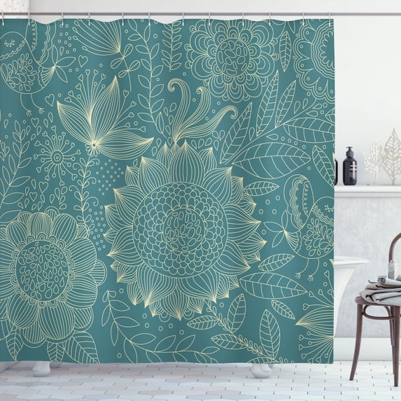 Ambesonne Garden Shower Curtain, Nostalgic Floral Art, 69"Wx70"L, Teal and Ivory