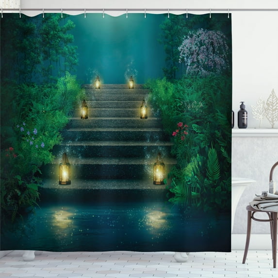 Ambesonne Garden Shower Curtain, Stairs and Magic Foggy Woods, 69"Wx75"L, Teal Green and Dark Brown