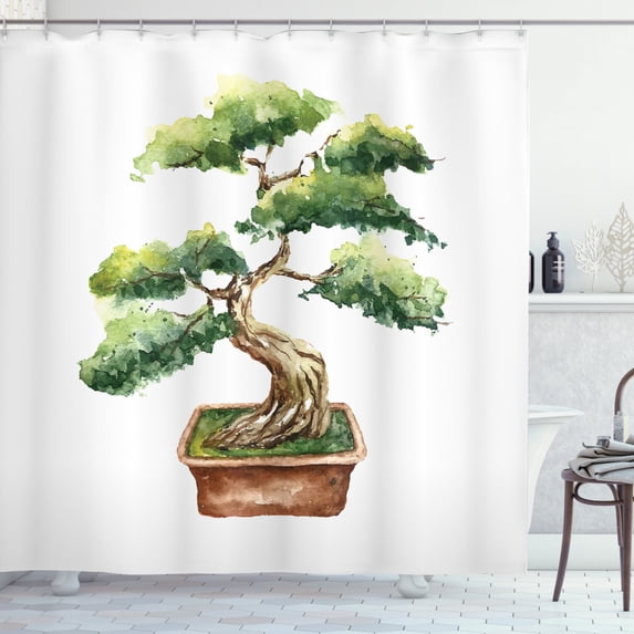 Ambesonne Garden Shower Curtain, Watercolor Bonsai Hand Drawn, 69"Wx75"L, Pale Brown Green