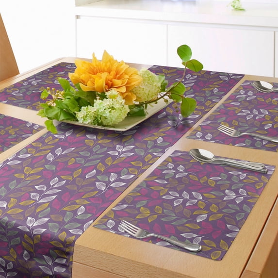 Ambesonne Garden Table Runner & Placemats, Abstract Leaves Forest Art, Placemat 4 pcs + Runner 14"x90", Violet and Magenta