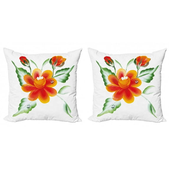 Ambesonne Garden Throw Pillow Cover 2 Pack, Daffodils in Watercolors, 18", Orange Green