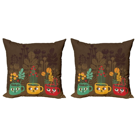 Ambesonne Garden Throw Pillow Cover 2 Pack, Plants in Cups Pottery, 18", Multicolor