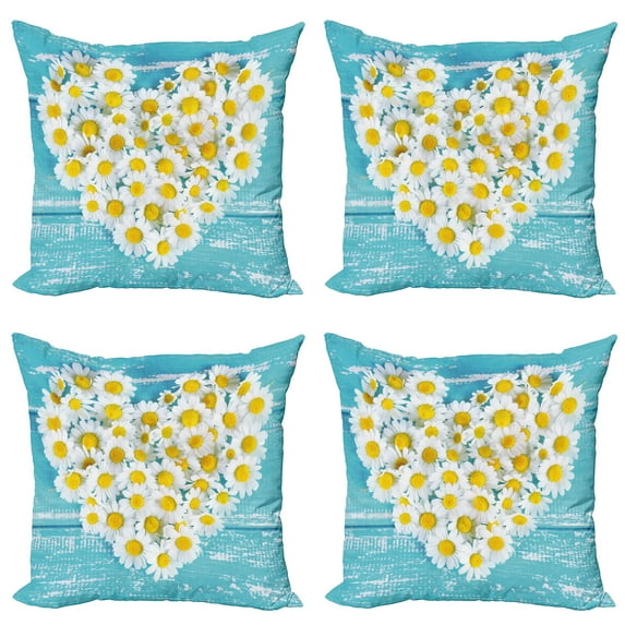 Ambesonne Garden Throw Pillow Cover 4 Pack, Heart Shaped Daisy, 18", Sky Blue White