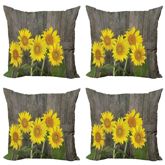Ambesonne Garden Throw Pillow Cover 4 Pack, Helianthus Sunflowers, 20", Brown Yellow Green