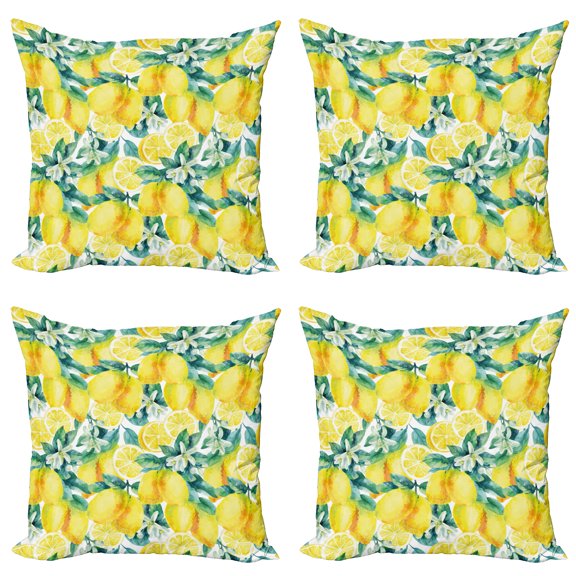 Ambesonne Garden Throw Pillow Cover 4 Pack, Lemon Citrus Branches, 18", Forest Green Yellow