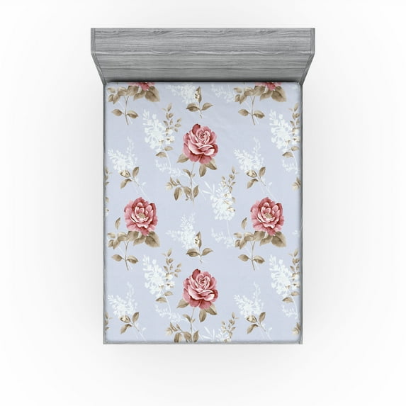 Ambesonne Garden Vibes Fitted Sheet, Rose Romantic Spring, California King, Pale Sky Blue Pale Maroon