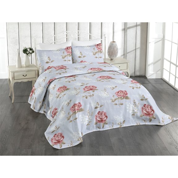 Ambesonne Garden Vibes Quilted Coverlet 2 Pcs, Rose Romantic Spring, Twin Size, Pale Sky Blue Pale Maroon