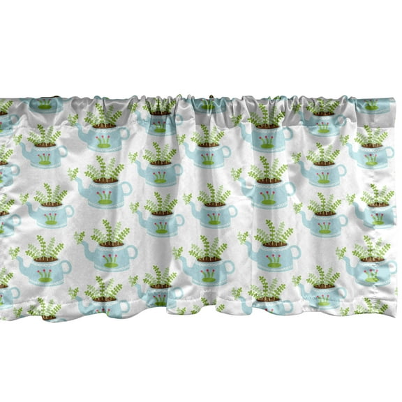 Ambesonne Garden Window Valance, Cartoon Tea Pots Leaves Art, 42" x 12", Lime Green Pale Blue