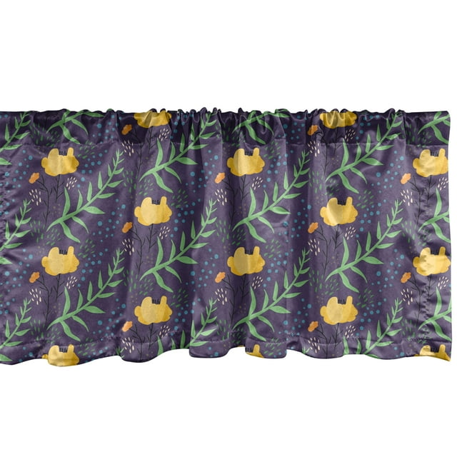 Ambesonne Garden Window Valance, Night Blue Backdrop with Floral Pattern Hand Drawn Yellow Blooms and Water Drops, Curtain Valance for Kitchen Bedroom Decor with Rod Pocket, 54" X 12", Multicolor