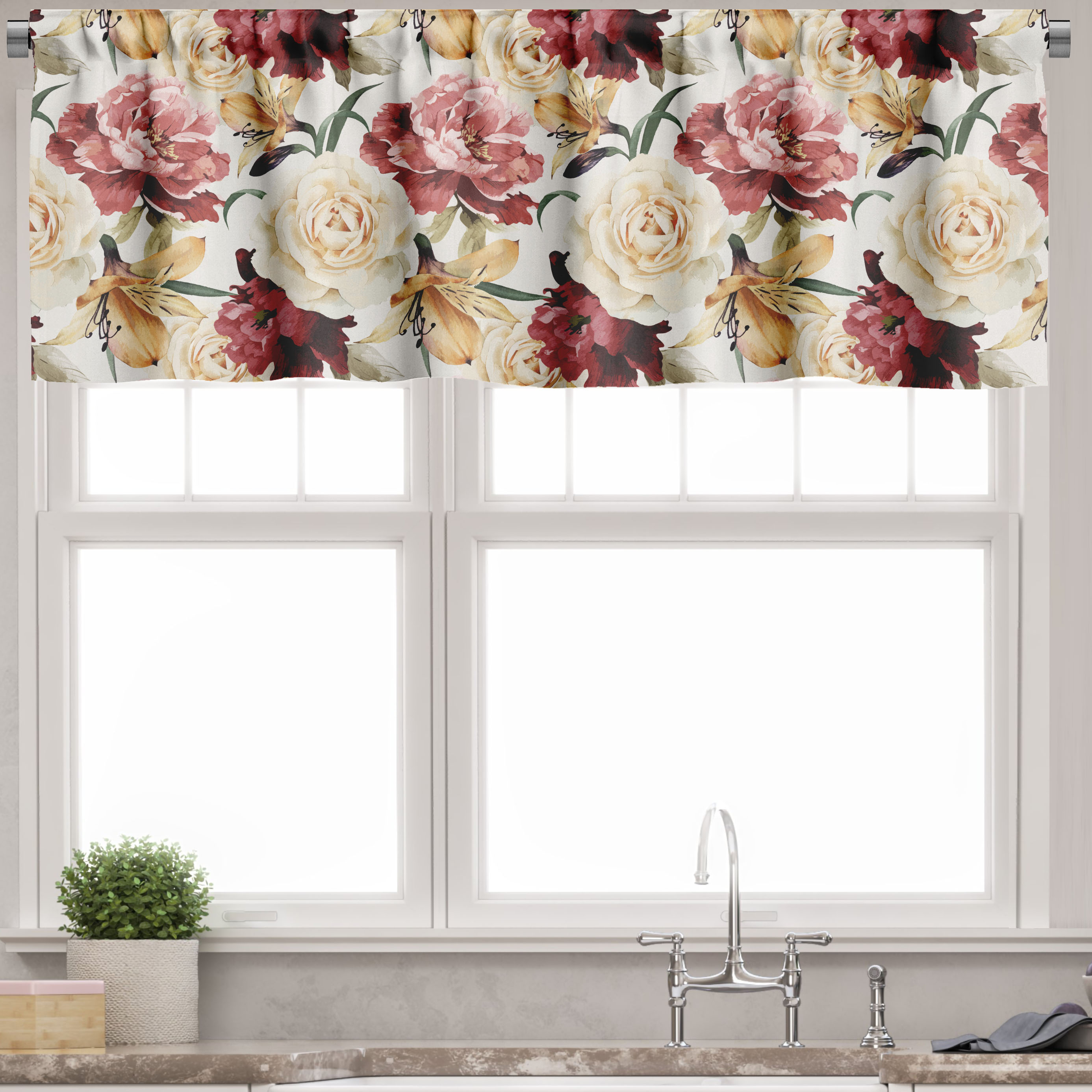 Ambesonne Garden Window Valance, Watercolor Roses Peonies, 54" X 12