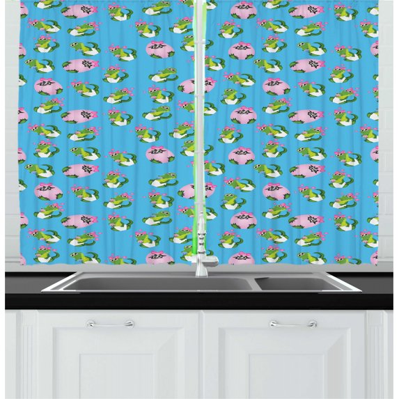 Ambesonne Gator Kitchen Curtains, Cartoon Crocodiles, 55"x39", Deep Sky Blue Pink