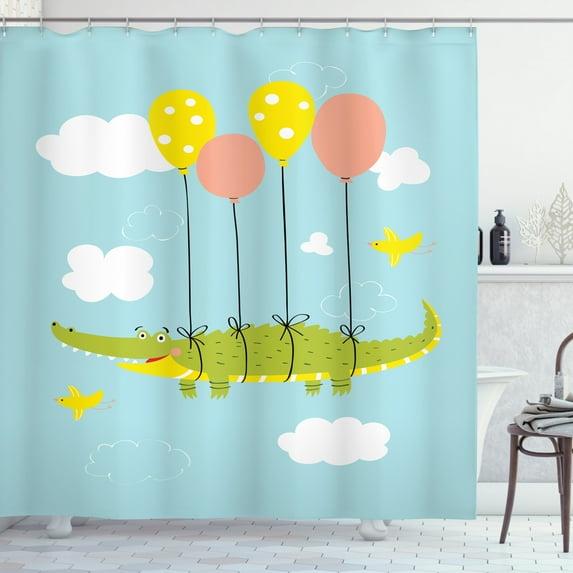 Ambesonne Gator Shower Curtain, Flying Crocodile with Balloon, 69"Wx75"L, Pale Blue Multicolor
