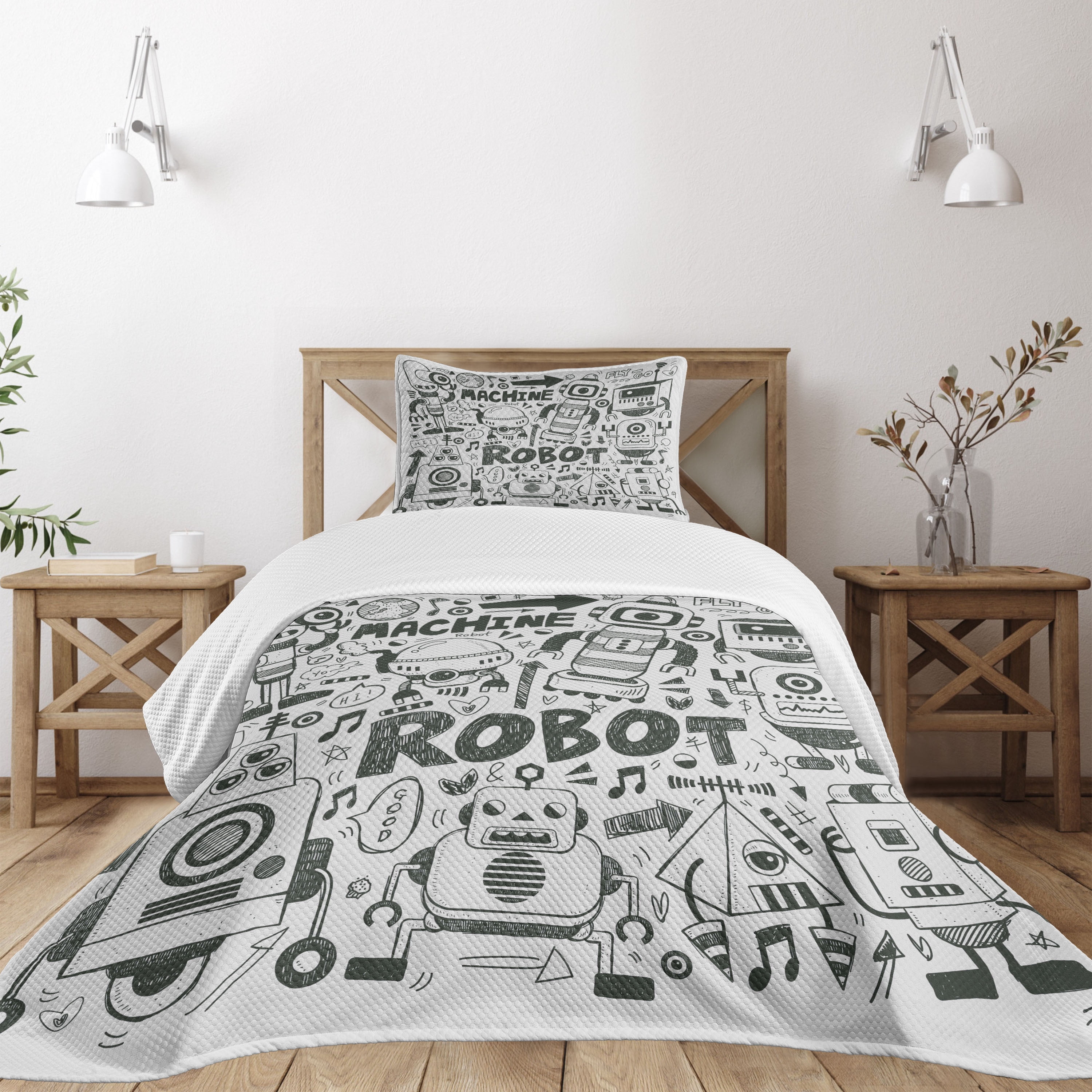 Gray Quilted Twin Bedspread Set with Robot Design