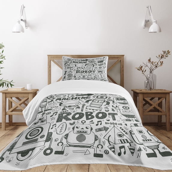 Ambesonne Geek Quilted Bedspread Set 2 Pcs, Space Geek Theme Sci Fi, Twin Size, Grey Pale Grey