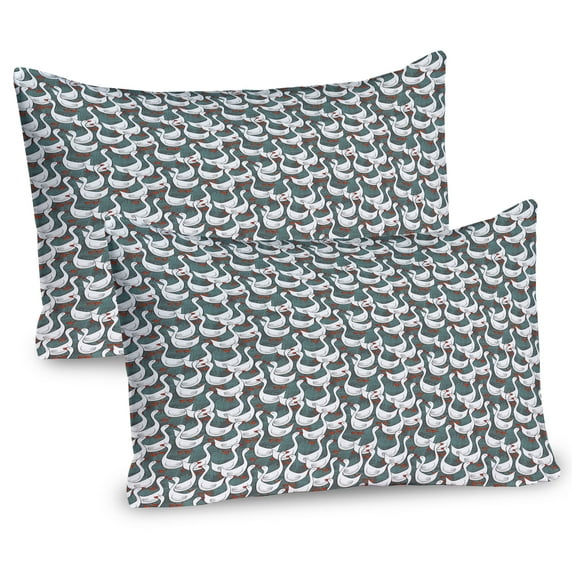 Ambesonne Geese Pillow Sham 2 Pack, Happy White Birds on Free, 26"x20", Grey Grey Teal
