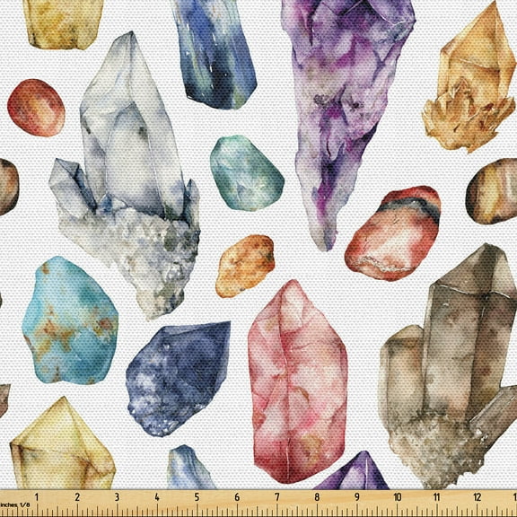 Ambesonne Gemstone Print Fabric by the Yard Upholstery, Colorful Hippie Boho, 1 Yard, White and Multicolor