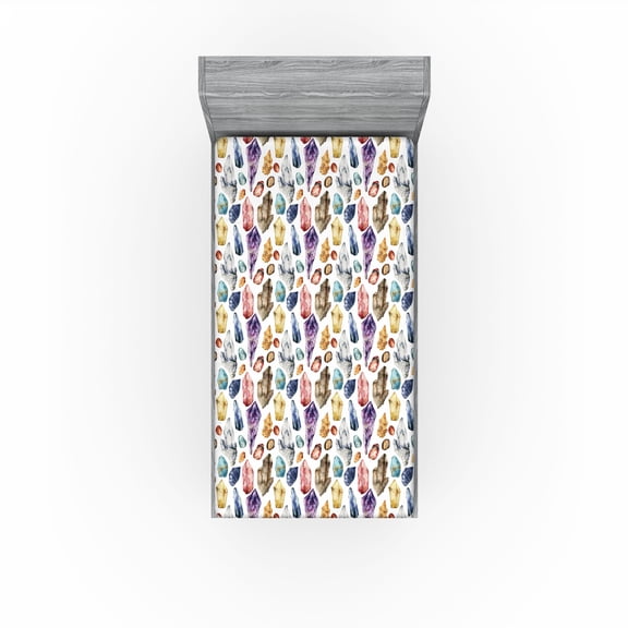 Ambesonne Gemstone Print Fitted Sheet, Colorful Hippie Boho, Twin XL Size, White and Multicolor