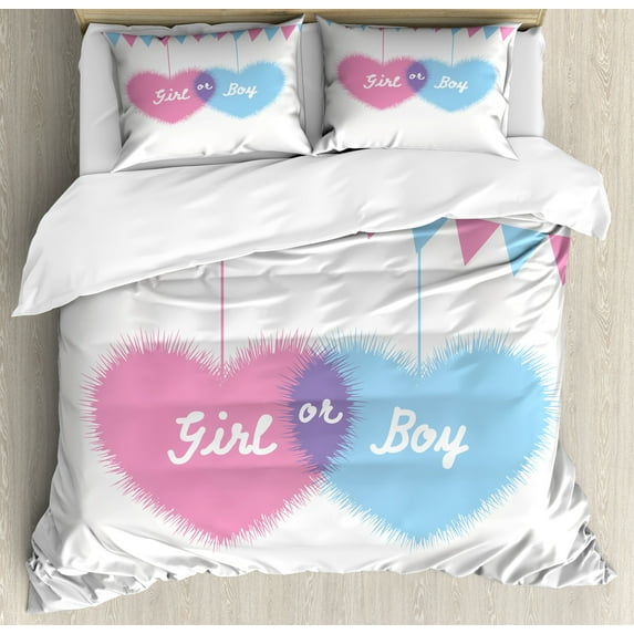 Ambesonne Gender Reveal Duvet Cover Sets, Girl Boy Hearts Flags, 2-King, Pale Pink and Blue