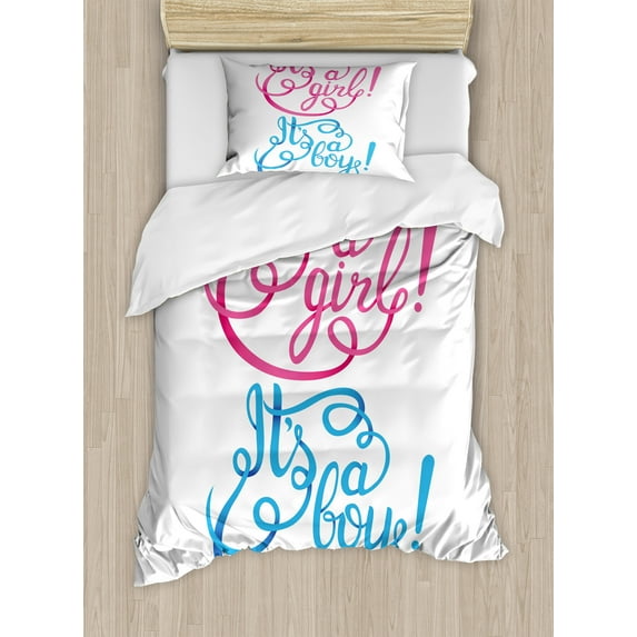 Ambesonne Gender Reveal Duvet Cover Sets, It's a Girl Boy, 2-Twin, Hot Pink Blue