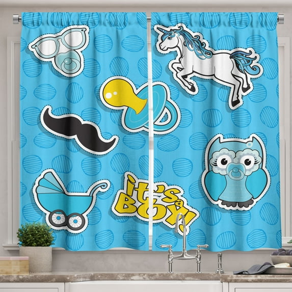 Ambesonne Gender Reveal Kitchen Curtains, Its a Boy Unicorn, 55"x45", Yellow Sky Blue