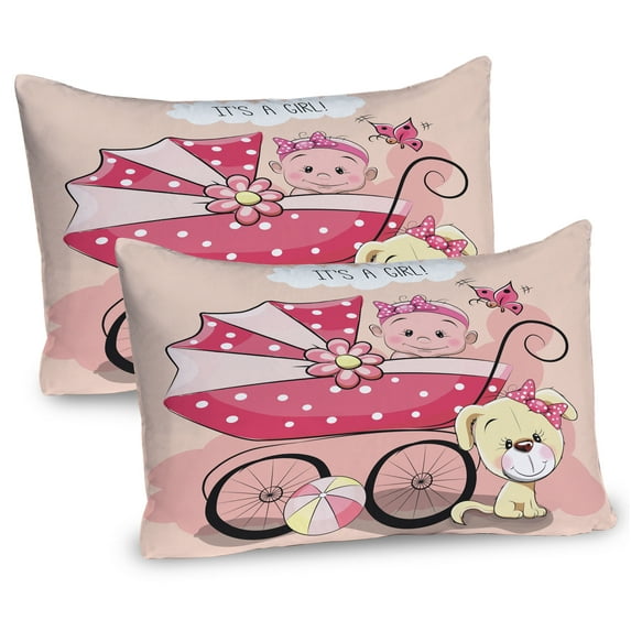 Ambesonne Gender Reveal Pillow Sham 2 Pack, Puppy Carriage, 36"x20", Pale Yellow and Pink