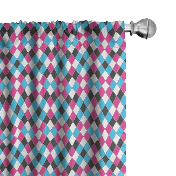 Ambesonne Geometric Window Curtains, Blue and Pink Argyle Art, Each 28" W x 84" L, Magenta Sky Blue Black