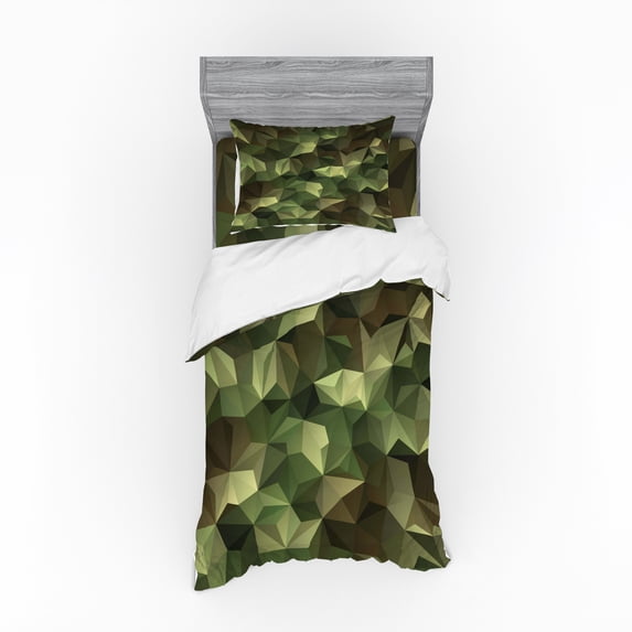 Ambesonne Geometric Bedding Set 3 Pcs, Angular Polygon Design, Twin XL, Olive Green Green Brown
