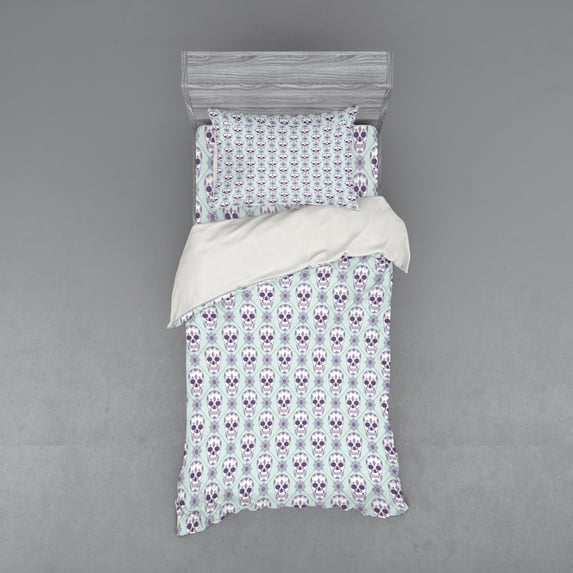 Ambesonne Geometric Bedding Set 3 Pcs, Floral Damask Skulls, Twin XL, Pale Blue Purple White