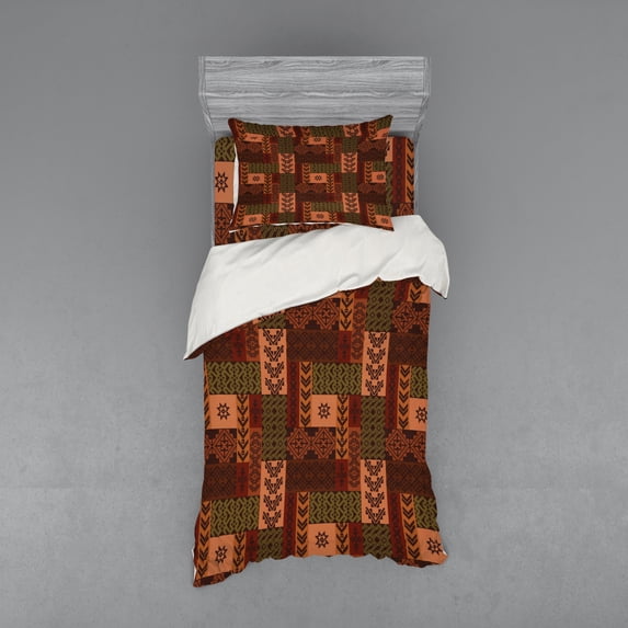 Ambesonne Geometric Bedding Set 3 Pcs, Folk Shape, Twin, Pink Green and Brown