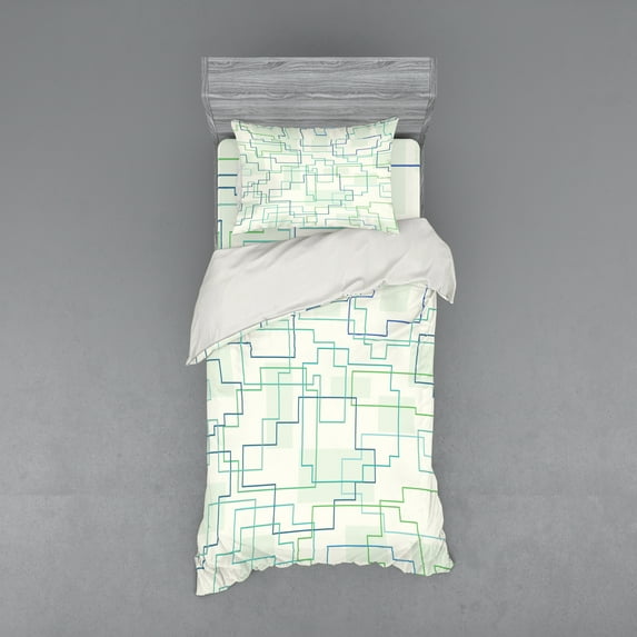 Ambesonne Geometric Bedding Set 3 Pcs, Future Town Design, Twin, Mint Green Royal Blue