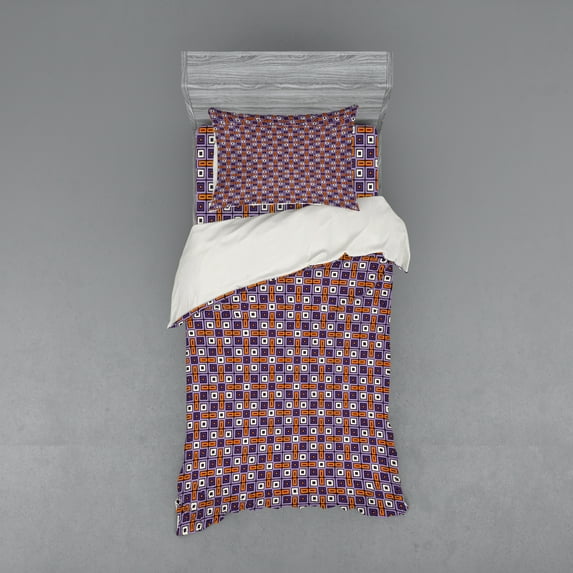 Ambesonne Geometric Bedding Set 3 Pcs, Retro 70's Abstract Art, Twin, Quartz and Orange
