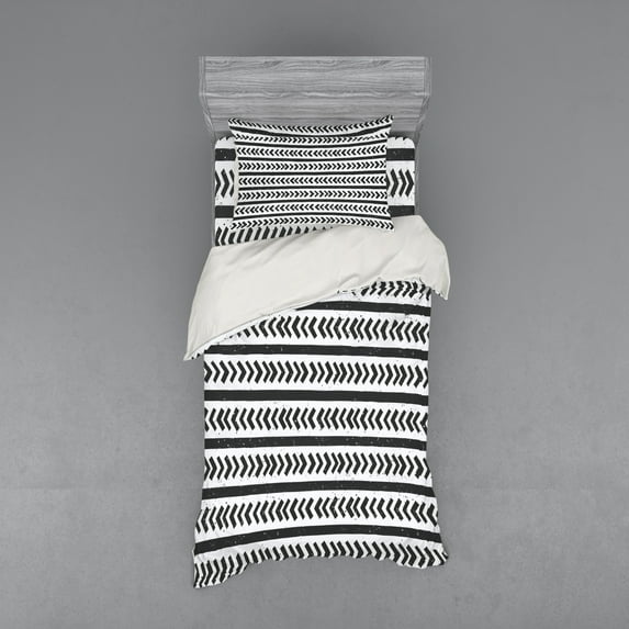 Ambesonne Geometric Bedding Set 3 Pcs, Stripes Arrow Shapes, Twin XL, Charcoal Grey and White
