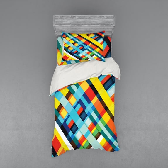 Ambesonne Geometric Bedding Set 3 Pcs, Vivid Retro Lines, Twin, Multicolor