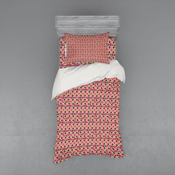 Ambesonne Geometric Bedding Set 3 Pcs, Vivid Rounds and Squares, Twin, Pastel Pink Multicolor