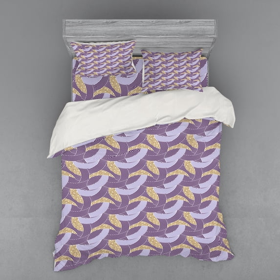 Ambesonne Geometric Bedding Set 4 Pcs, Crossed Curved Arc Design, Queen, Purple Lavender